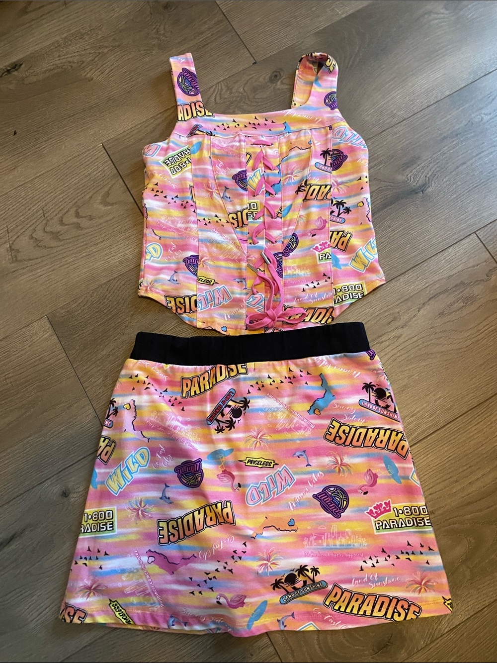 Girls Pink Paradise Print Lace-Up Tank and Skirt Set